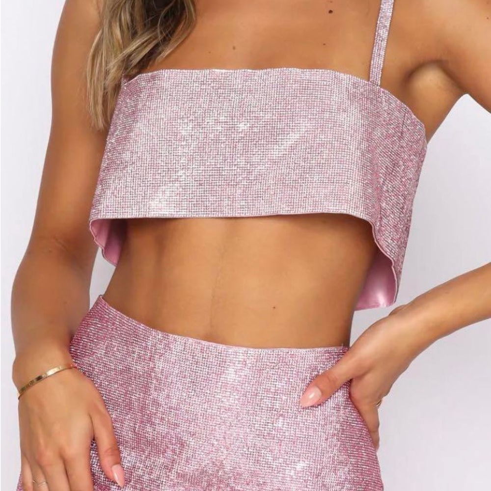 White Fox Pink Sequin Crop Top